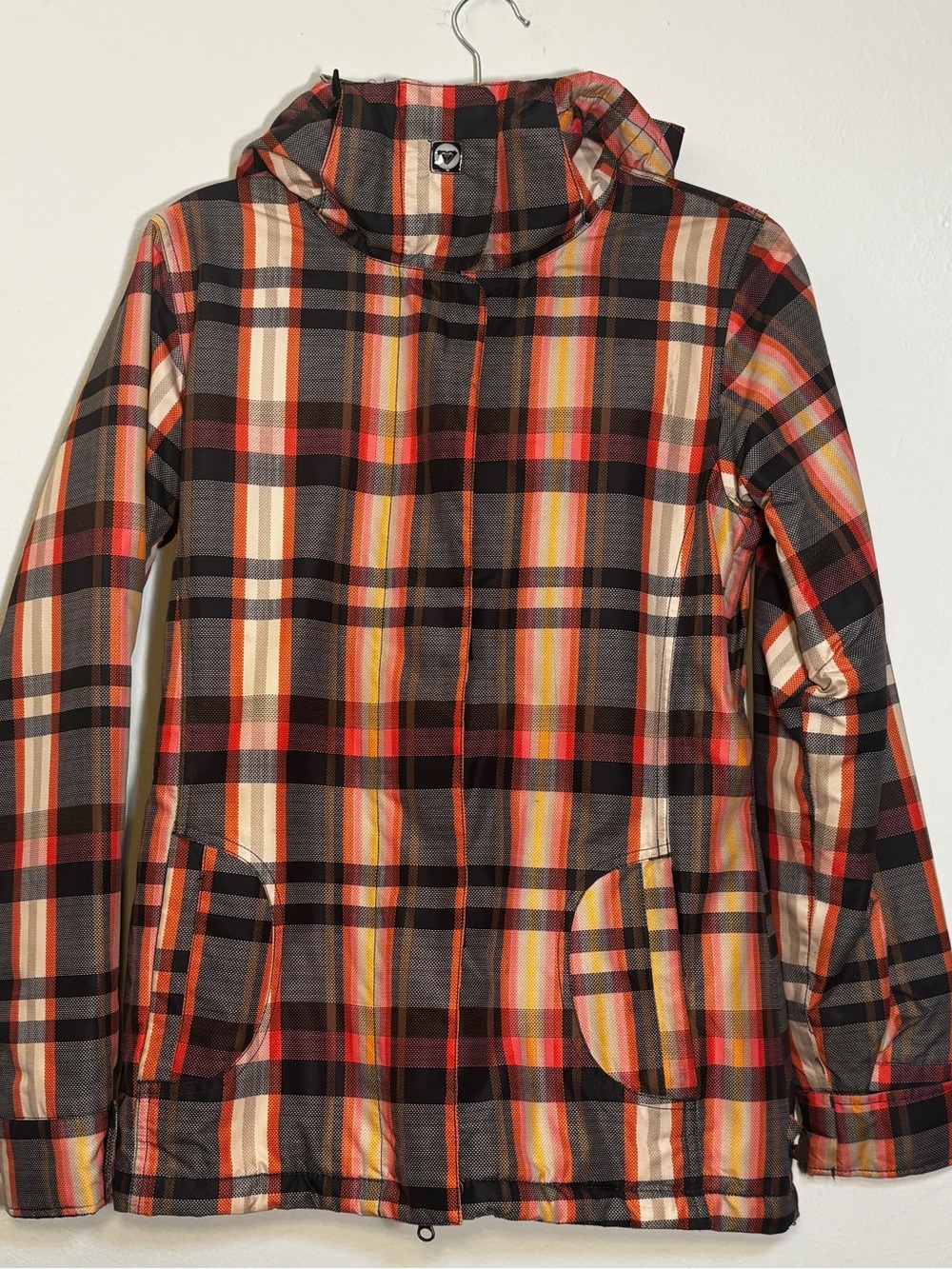 Roxy Multicolor Plaid Hooded Puffer Jacket - Orange, Black, Cream, Pink